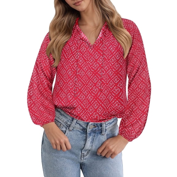 CASSIE LIZ Womens Plus Size Tops 5X Red Long Sleeve Boho Blouses V Neck Chiffon Tops Fall Business Tunics with Drawstring Neckline 5XL 26W 28W