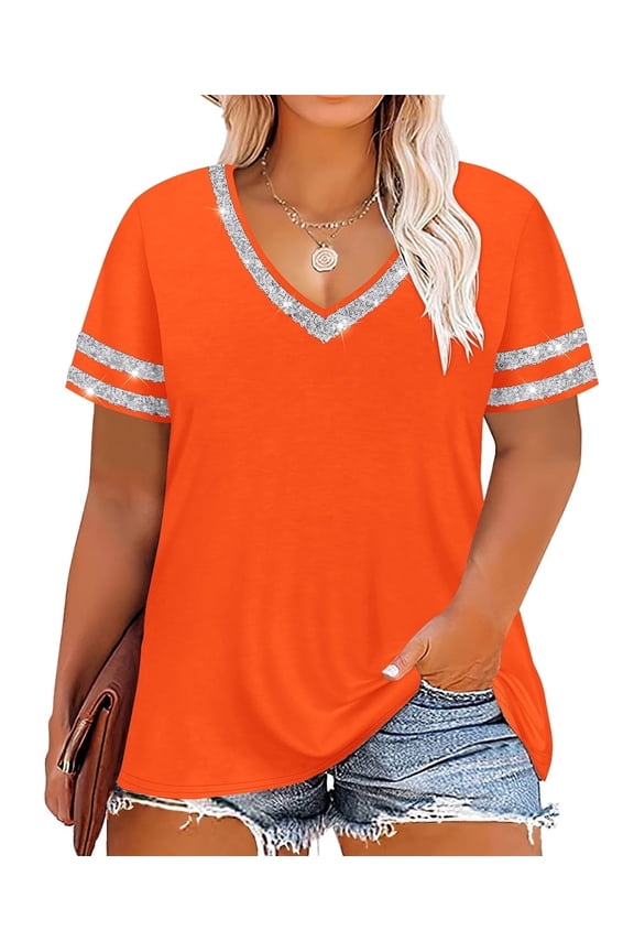 Womens Plus Size Tops 3X Summer Orange Sequin V Neck Short Sleeve Shirt Loose Fit Tunics Casual Blouses Tees 3XL 22W 24W