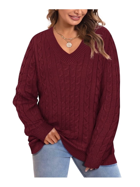 Womens Sweaters Plus Size 3X Knitted Oversized V Neck Red Pullover Tops Trendy Fall Winter Outfits Soft and Warm 3XL 22W 24W