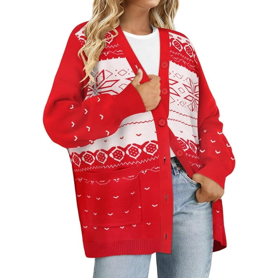 CASSIE LIZ Womens Sweaters Plus Size Fall Cardigans for Women Fashion Red Snowflake Open Front Cardigans Casual Winter Long Sleeve Lightweight Knit Holiday Sweaters with Pocket XL 14W-16W