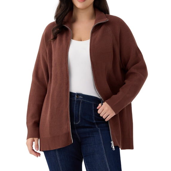 CASSIE LIZ Womens Sweaters Plus Size Fall Cardigans for Women Fashion Zip Up Brown Pullover Casual Two Way Zipper Oversized Lightweight Knit Holiday Winter Dressy XL 14W 16W