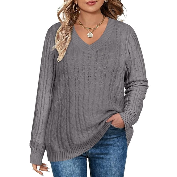 CASSIE LIZ Womens Sweaters Plus Size Knitted Oversized V Neck Gray Pullover Tops Trendy Fall Winter Outfits Soft and Warm XL 14W 16W