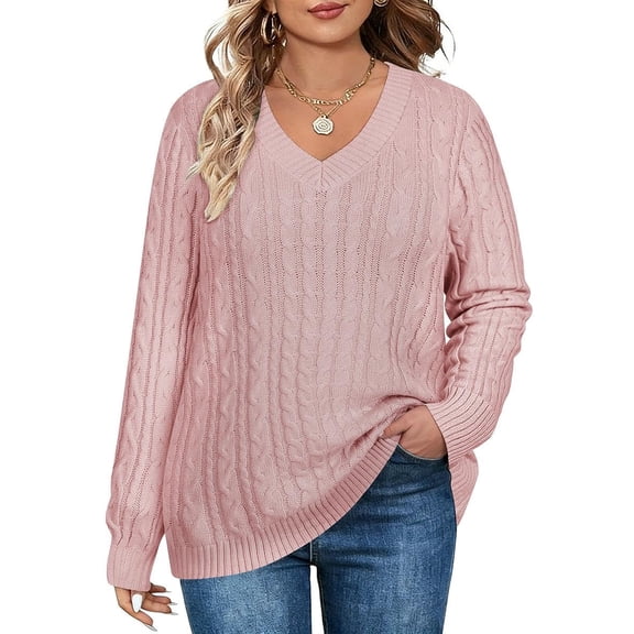 CASSIE LIZ Fall Sweaters For Womens Plus Size Knitted Oversized V Neck Pink Pullover Tops Trendy Winter Outfits Soft and Warm XL 14W 16W