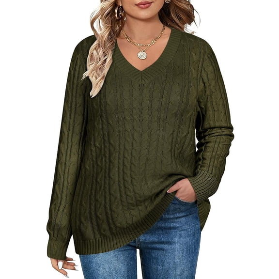 CASSIE LIZ Womens Sweaters Plus Size Knitted Oversized V Neck Green Pullover Tops Trendy Fall Winter Outfits Soft and Warm XL 14W 16W
