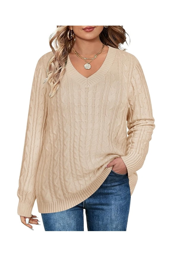 Womens Sweaters Plus Size Knitted Oversized V Neck Apricot Pullover Tops Trendy Fall Winter Outfits Soft and Warm XL 14W 16W
