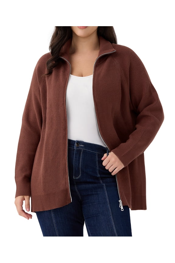 Womens Sweaters Plus Size Fall Cardigans for Women Fashion Zip Up Brown Pullover Casual Two Way Zipper Oversized Lightweight Knit Holiday Winter Dressy XL 14W 16W