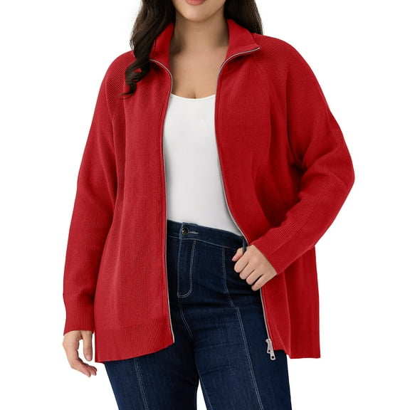 CASSIE LIZ Womens Sweaters Plus Size Fall Cardigans for Women Fashion Zip Up Red Pullover Casual Two Way Zipper Oversized Lightweight Knit Holiday Winter Dressy XL 14W 16W