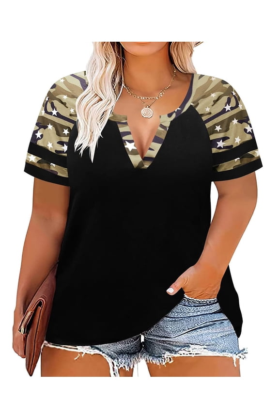 Plus Size Ladies Tops 2X Camo Star Summer Tops V Neck Short Sleeve Loose Comfy Blouses 2XL 18W 20W