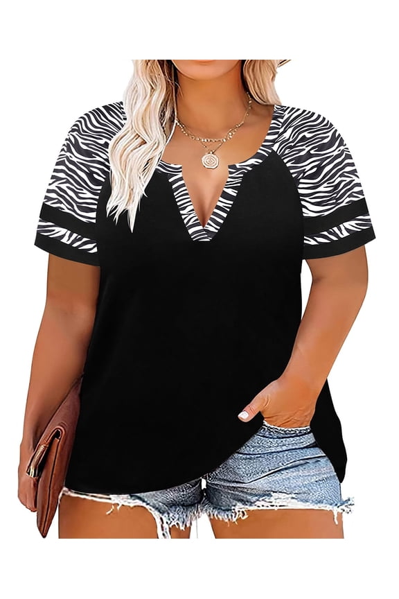 Plus Size Tops 2X Zebra Print Raglan Short Sleeve V Neck T Shirts Casual Color Block Tunic Blouses 2XL 18W 20W