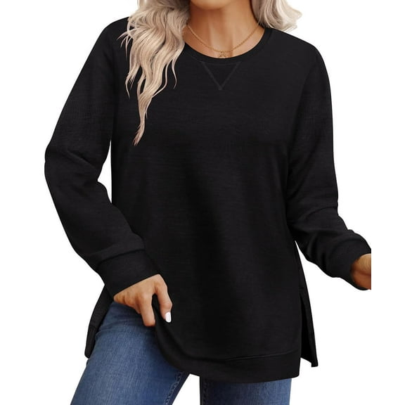 CASSIE LIZ Plus Size Womens Sweatshirts Soft Fall Long Sleeve Black Tops Fashion Crew Neck Knit Shirts Loose Fit Tunics Casual Winter Blouses Slit Hem Pullover XL 14W 16W