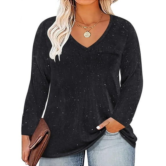 CASSIE LIZ Plus Size Tops Long Sleeve Womens Shirts Fall V Neck Tunics Fashion Loose Fit Tee Winter Blouses Casual Pullovers Solid/Glitter (XL-5XL)