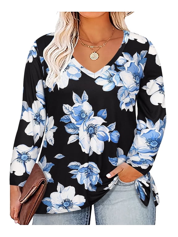 Womens Tops Plus Size Long Sleeve Shirts Fall V Neck Blue Floral Sweatshirts Fashion Tee Loose Fit Tunics Winter Blouses Casual Slit Hem Pullovers XL 14W 16W