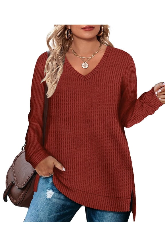 Womens Tops Plus Size Long Sleeve Fall Shirts Fashion V Neck Brick Red Tunics Waffle Knit Tee Loose Fit Winter Blouses Casual Slit Hem Pullover XL 14W 16W