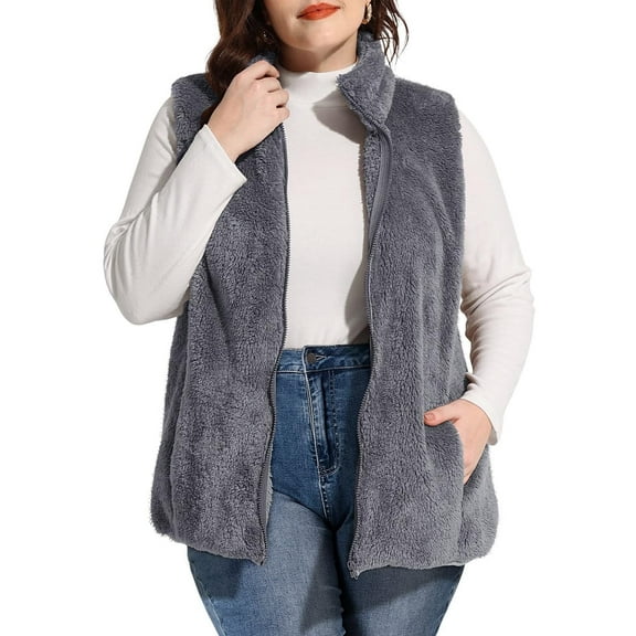 CASSIE LIZ Womens Plus Size Vests Fashion Gray Fleece Sherpa Fall Vests Zip Up Ladies Casual Vests Fuzzy Winter Vest Jackets Lightweight Sleeveless Loose Fit Vests with Pocket XL 14W 16W