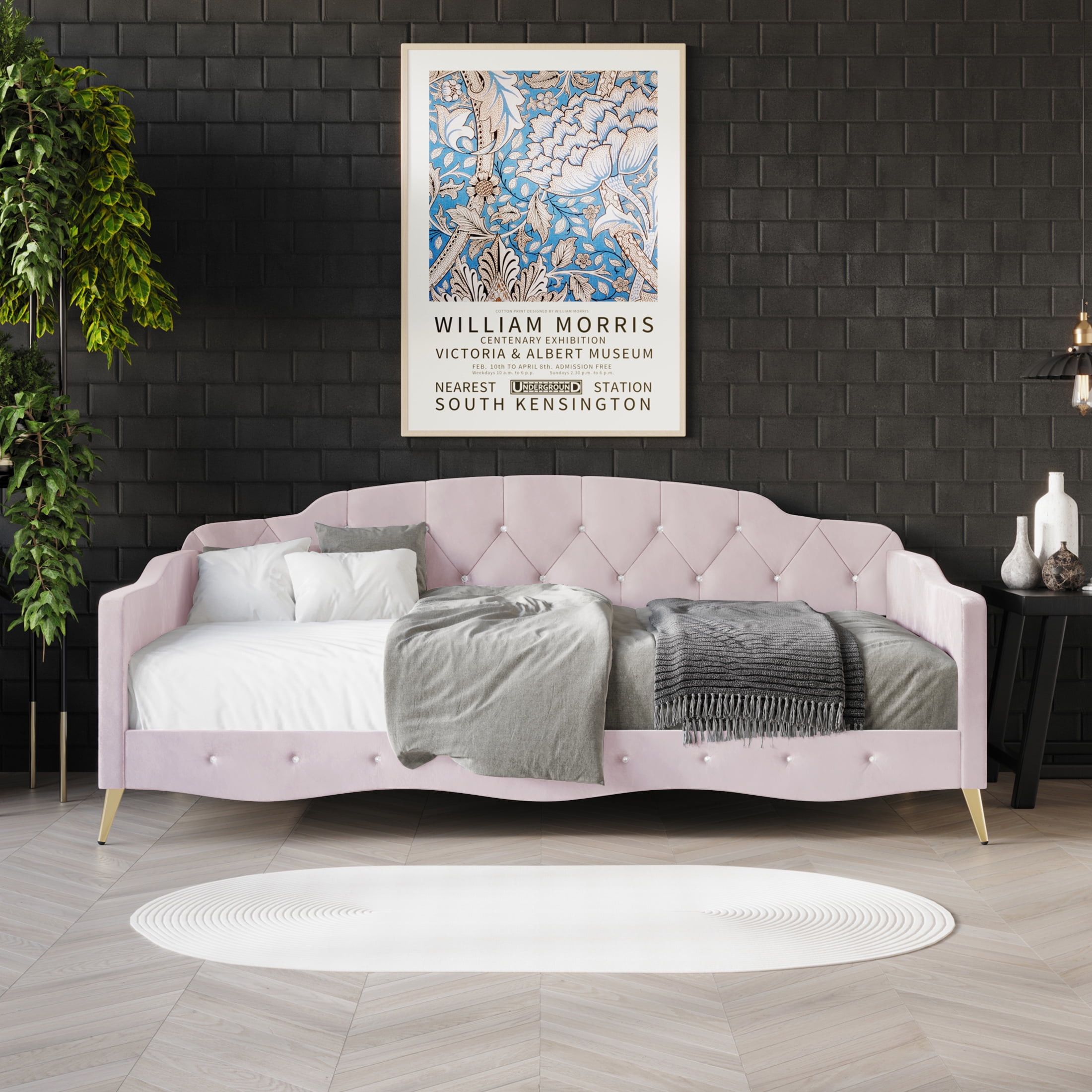 Castle Place Twin Velvet Upholstered Daybed with Crystal Button Tufting, Light Pink