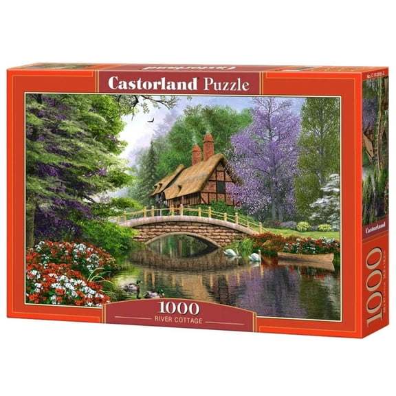 1000 Piece Jigsaw Puzzle, River Cottage, Storybook landscape, Colorful flowers, Adult Puzzle, Castorland C-102365-2