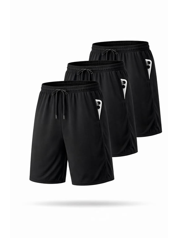 Mens Athletic Shorts 03 Pack- Lightweight Mens Shorts for Gym, Running, & Training- Breathable Basketball Style Activewear Workout Shorts for Men- Black