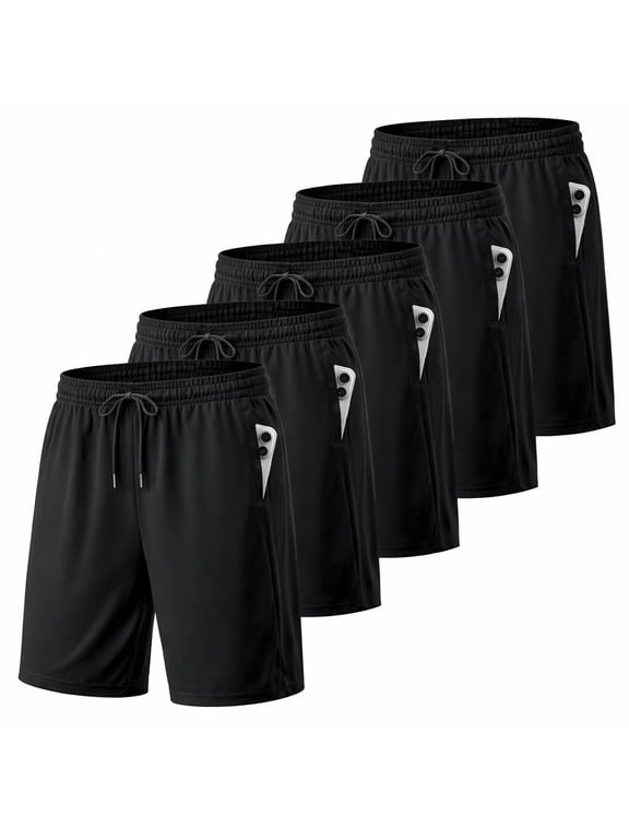 Mens Athletic Shorts 05 Pack- Lightweight Mens Shorts for Gym, Running, & Training- Breathable Basketball Style Activewear Workout Shorts for Men- Black