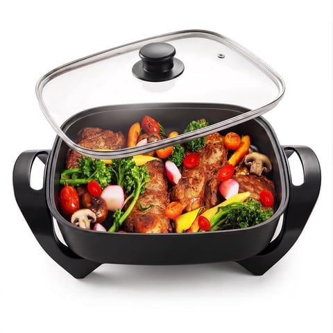 Casualife 5L Electric Hot Pot, Multi-Functional Non-Stick Electric Skillet with Vented Glass Lid, 5.3 Qt Family Size Cooker for Frying, Simmering & Boiling, Black