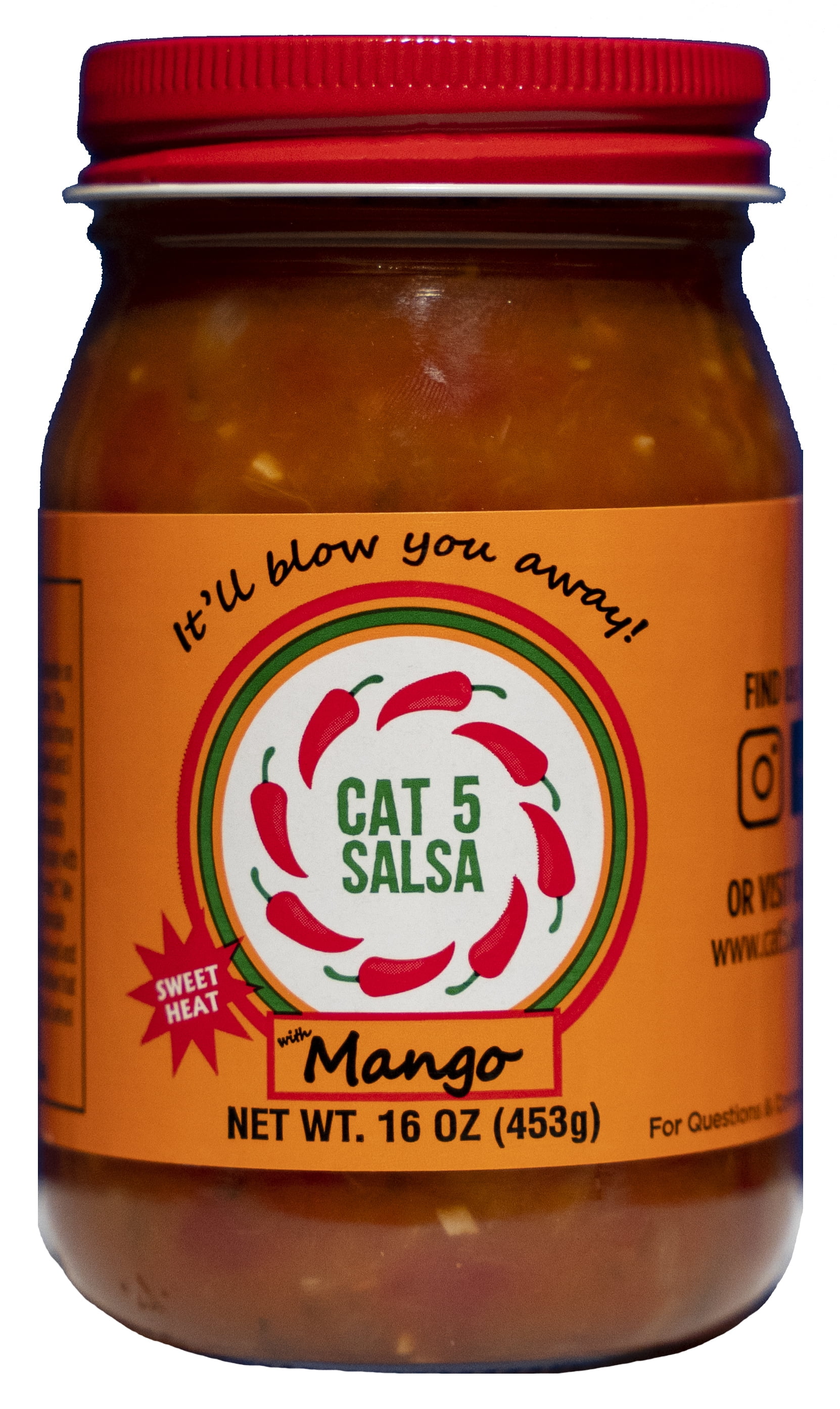 CAT 5 SALSA, Mango, 16 Oz Glass Jar