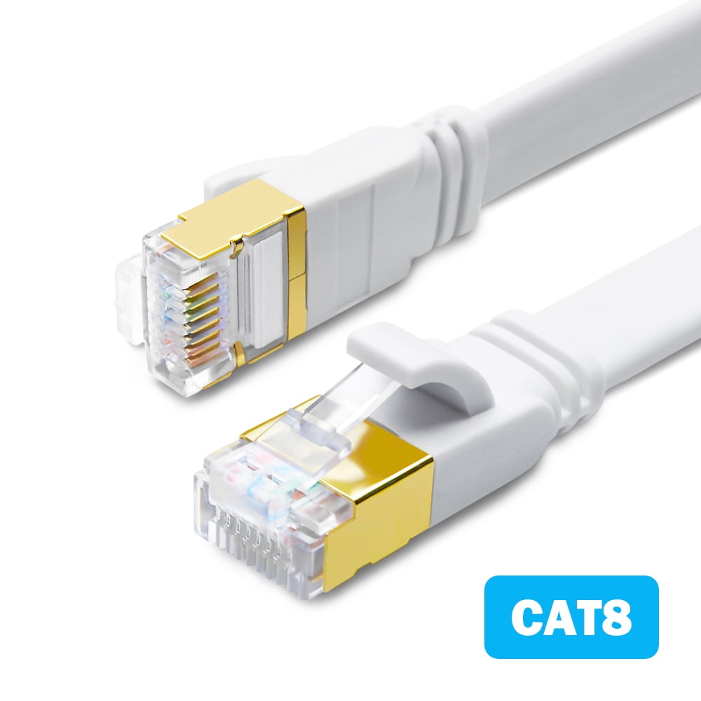 CAT 8 Ethernet Cable 6ft, Flat High Speed 40Gbps 2000MHz 26WAG SFTP Gigabit Network  Internet LAN Patch Cord with Gold Plated RJ45 Connector for Gaming, Router,  Switches, Xbox, PC (White, 6ft/2m) 