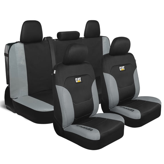 CAT Black & Gray Car Seat Covers Full Set - Front Seat Covers & Rear Bench Seat Cover - Airbag Compatible, 60/40 Split Bench for Trucks, Cars & SUVs - Automotive Interior Seat Protection Accessories