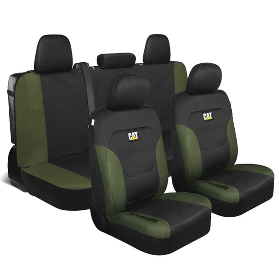 CAT Black & Green Car Seat Covers Full Set - Front Seat Covers & Rear Bench Seat Cover - Airbag Compatible, 60/40 Split Bench for Trucks, Cars & SUVs - Automotive Interior Seat Protection Accessories