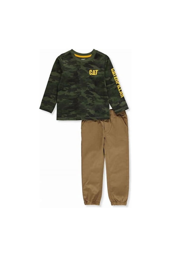 CAT Boys' 2-Piece Pants Set Outfit (Olive Camo & Khaki, Large)