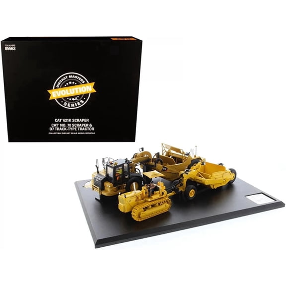 CAT Caterpillar 621K Tractor Scraper and CAT Caterpillar D7 Track-Type Tractor with No. 70 Scraper Set 'Evolution Series' 1/50 Diecast Models by Diecast Masters
