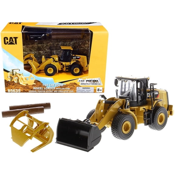 CAT Caterpillar 950M Wheel Loader with Bucket and Log Fork Two Poles "Play & Collect!" 1/64 Diecast Model by Masters