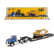 CAT Caterpillar CT660 Day Cab Tractor Blue Metallic with Lowboy Trailer and 315C L Hydraulic Excavator Yellow 1/87 HO Diecast Model by Masters