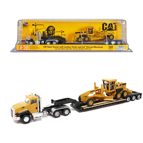 CAT Caterpillar CT660 Day Cab Tractor Yellow with Lowboy Trailer and CAT 163H Motor Grader Yellow 1/87 (HO) Diecast Model by Diecast Masters