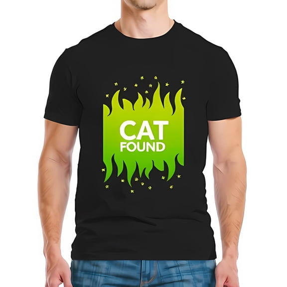 CAT FOUND Cotton Short Sleeve T-Shirt - Vibrant Green Text with Flame Motif & Whimsical Stars on Black Background