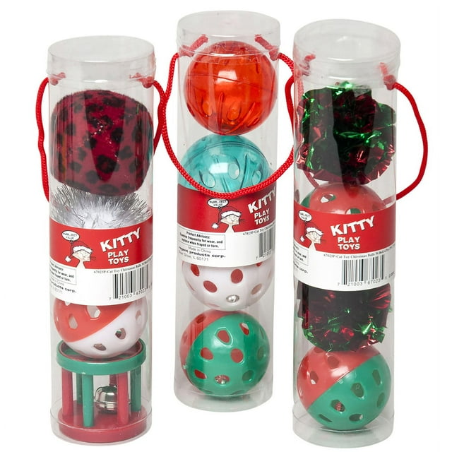 CAT TOY CHRISTMAS BALLS W/BELLS 4PC PVC TUBE IN PDQ, Case Pack of 60