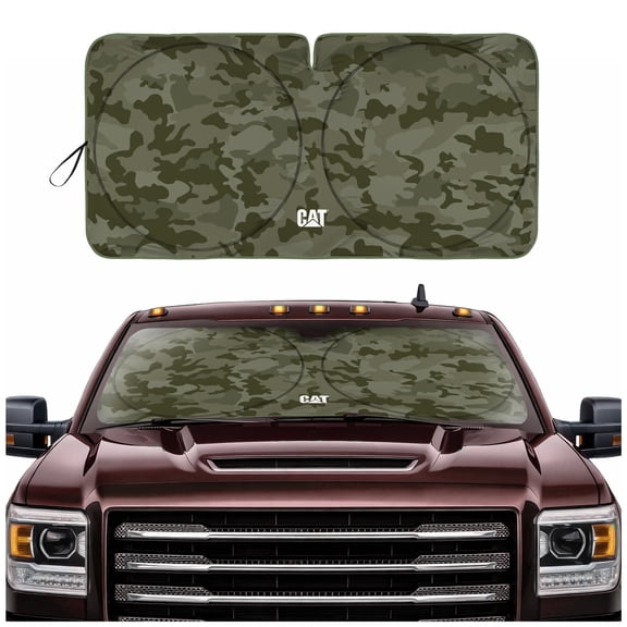CAT Windshield Sun Shade for Trucks - Jumbo Foldable Sunshade for Truck Cab Interior Protection, UV Heat Blocker, Sun Shield, Heavy-Duty Truck Accessories, Keeps Cab Cool - Green Camo XL