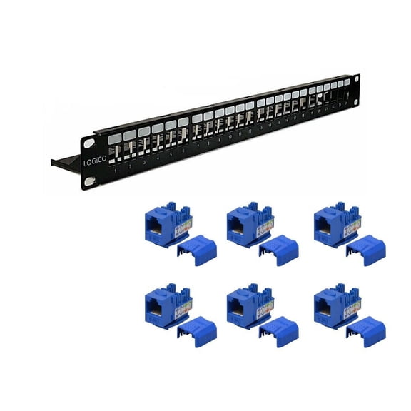 CAT5E CAT6 UTP 1U 24 Port Network LAN Blank Patch Panel & CAT6 Blue Network Ethernet 110 Punchdown 8P8C Keystone Jacks (25 Pieces)