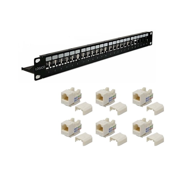 CAT5E CAT6 UTP 1U 24 Port Network LAN Blank Patch Panel & CAT6 White Network Ethernet 110 Punchdown 8P8C Keystone Jacks (25 Pieces)