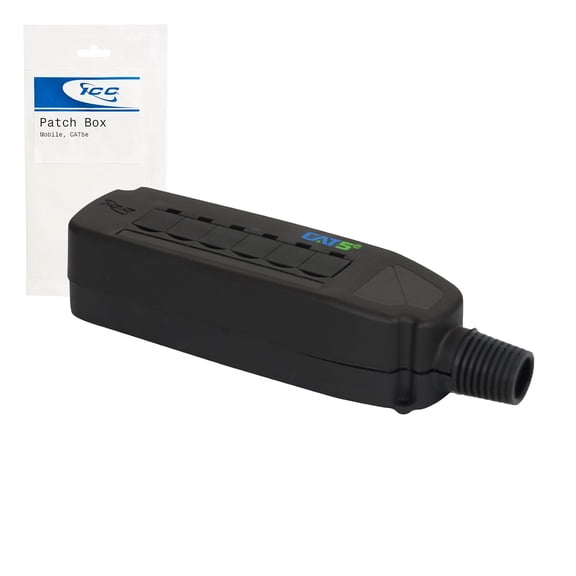 CAT5e Mobile Patch Box with Built-in 6-Port Module, Portable Termination Box for 4-Pair UTP Cable, UL94V-0 Indoor Housing with Cover & Dust Caps, TAA & Section 889 Compliant, Black