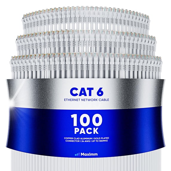 Maximm Cat 6 Ethernet Cable 1 ft (100-Pack) - High-Speed LAN Cable, Internet Cable, Patch Cable, and Network Cable - UTP, 10Gbps, 550MHz Ethernet Cord - White