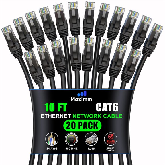 Maximm Cat 6 Ethernet Cable 10 ft (20-Pack) - High-Speed LAN Cable, Internet Cable, Patch Cable, and Network Cable - UTP, 10Gbps, 550MHz Ethernet Cord - Black