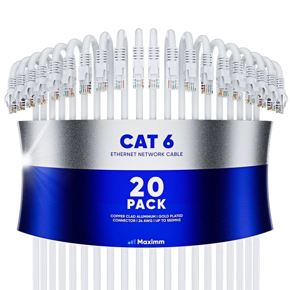 Maximm Cat 6 Ethernet Cable 10 ft (20-Pack) - High-Speed LAN Cable, Internet Cable, Patch Cable, and Network Cable - UTP, 10Gbps, 550MHz Ethernet Cord - White
