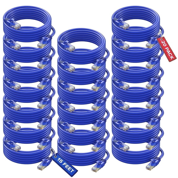 Maximm Cat6 Ethernet Cable 20-Pack 15 ft – CCA LAN Network Patch Cords, RJ45, Blue