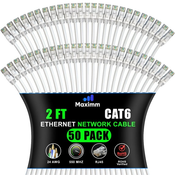 Maximm Cat 6 Ethernet Cable - 2 ft (50-Pack) - High-Speed LAN, Internet, Patch, and Network Cable - UTP, 10Gbps, 550MHz Ethernet Cord - White