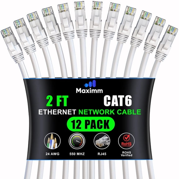 Maximm Cat 6 Ethernet Cable 2 Ft, (12-Pack) Cat6 Cable, LAN Cable, Internet Cable, Patch Cable and Network Cable - UTP (White) 2 Feet ethernet Cord