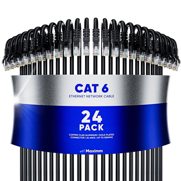 Maximm Cat6 Ethernet Cable 2 Ft, 10 Gbps 550 MHz, Black, 24 Pack