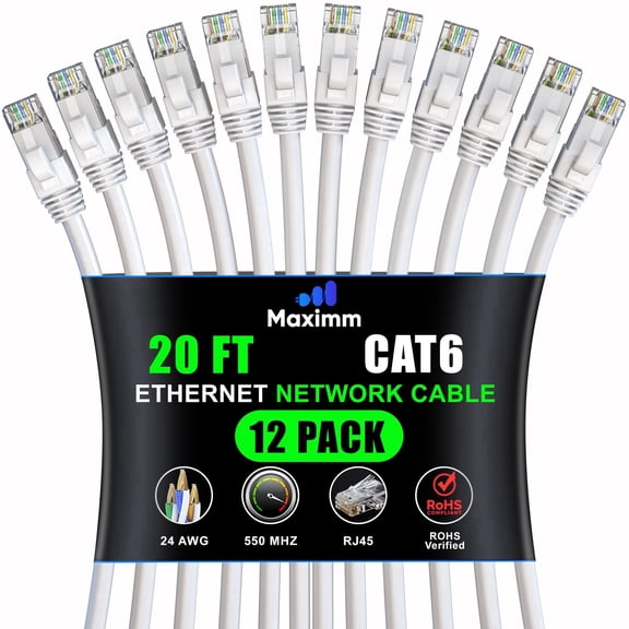 Maximm Cat6 High Speed Ethernet Network Patch Cable, 12 Pack, 20 ft, White
