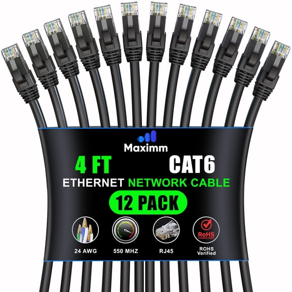 Maximm Cat 6 Ethernet Cable 4 Ft, (12-Pack) Cat6 Cable, LAN Cable, Internet Cable, Patch Cable and Network Cable - UTP (Black) 4 Feet ethernet Cord