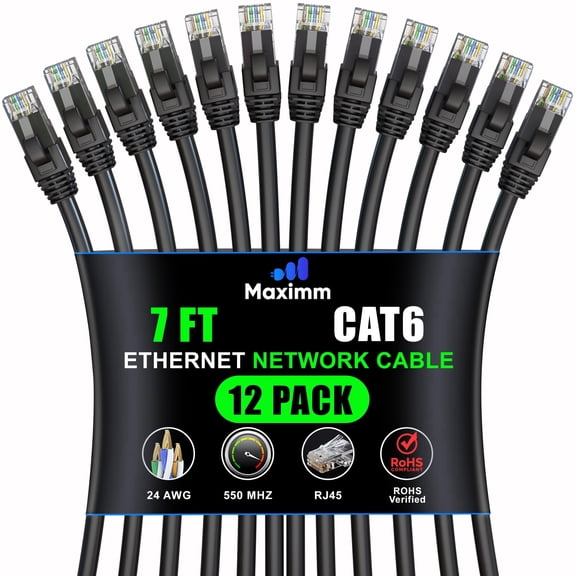 Maximm Cat 6 Ethernet Cable - 7 ft (12-pack), High-Speed LAN, Internet, Patch, and Network Cable - UTP, 10Gbps, 550MHz Ethernet Cord - Black