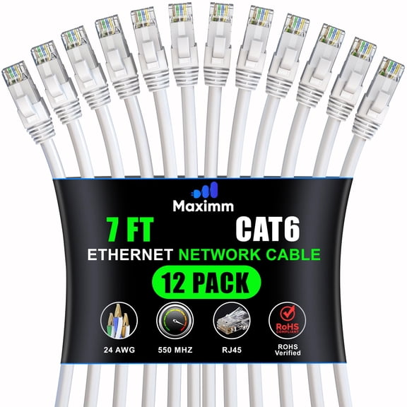 Maximm Cat 6 Ethernet Cable - 7 ft (12-Pack) - High-Speed LAN, Internet, Patch, and Network Cable - UTP, 10Gbps, 550MHz Ethernet Cord - White