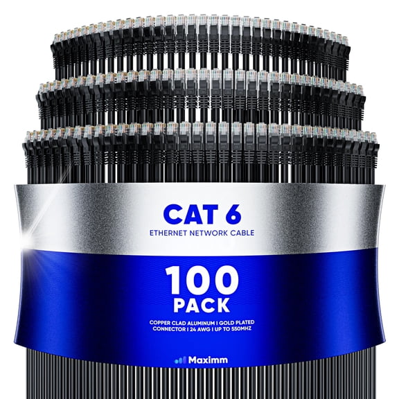 Maximm Cat 6 Ethernet Cable 8 ft (100-Pack) - High-Speed LAN Cable, Internet Cable, Patch Cable, and Network Cable - UTP, 10Gbps, 550MHz Ethernet Cord - Black